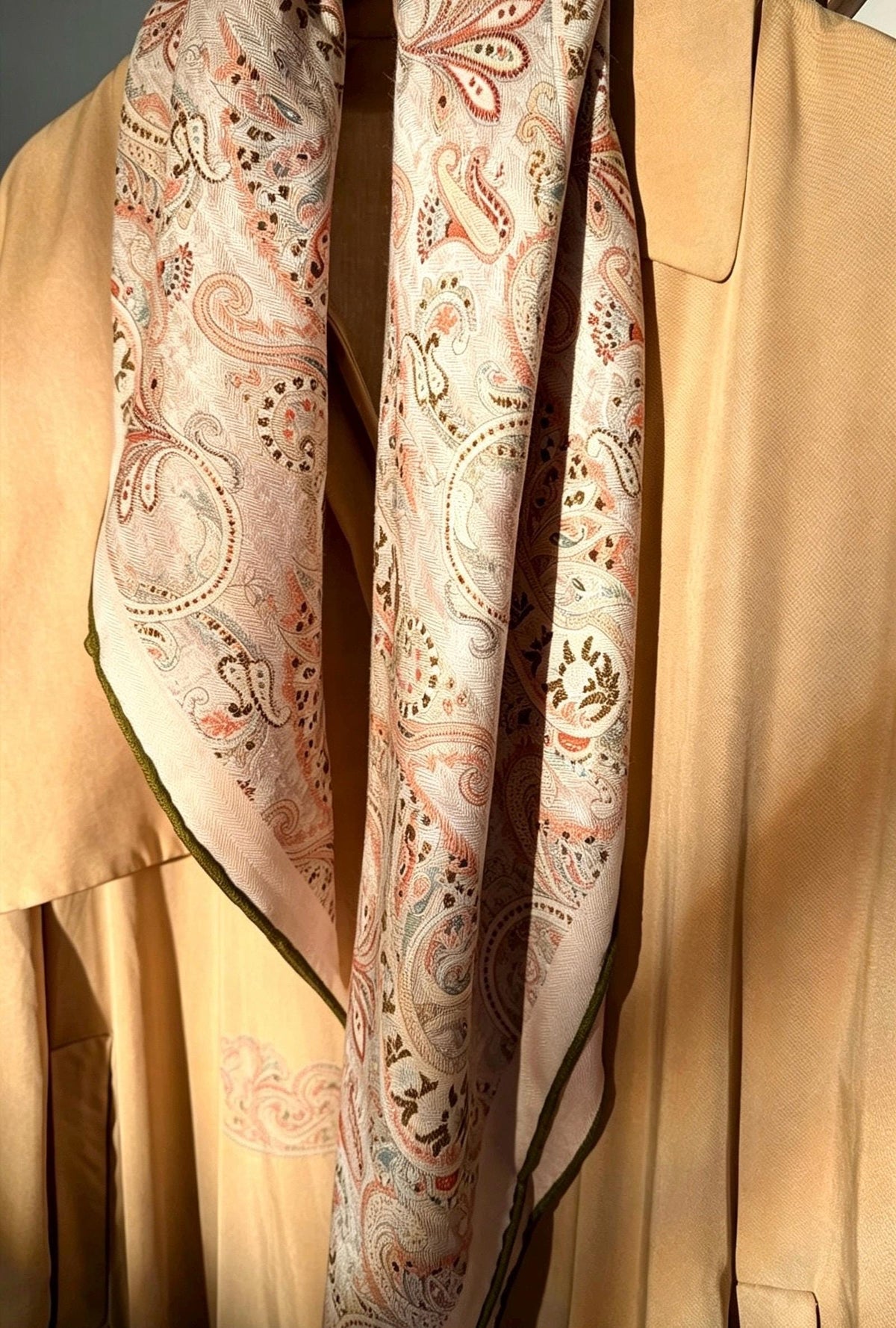 Silk Wool Scarf 35"x35" 88x88cm, Gentle Garden Reversible Paisley Mulberry Silk Square Scarf Floral Shawl Gift for Her