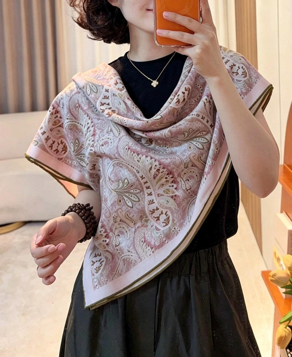 Silk Wool Scarf 35"x35" 88x88cm, Gentle Garden Reversible Paisley Mulberry Silk Square Scarf Floral Shawl Gift for Her