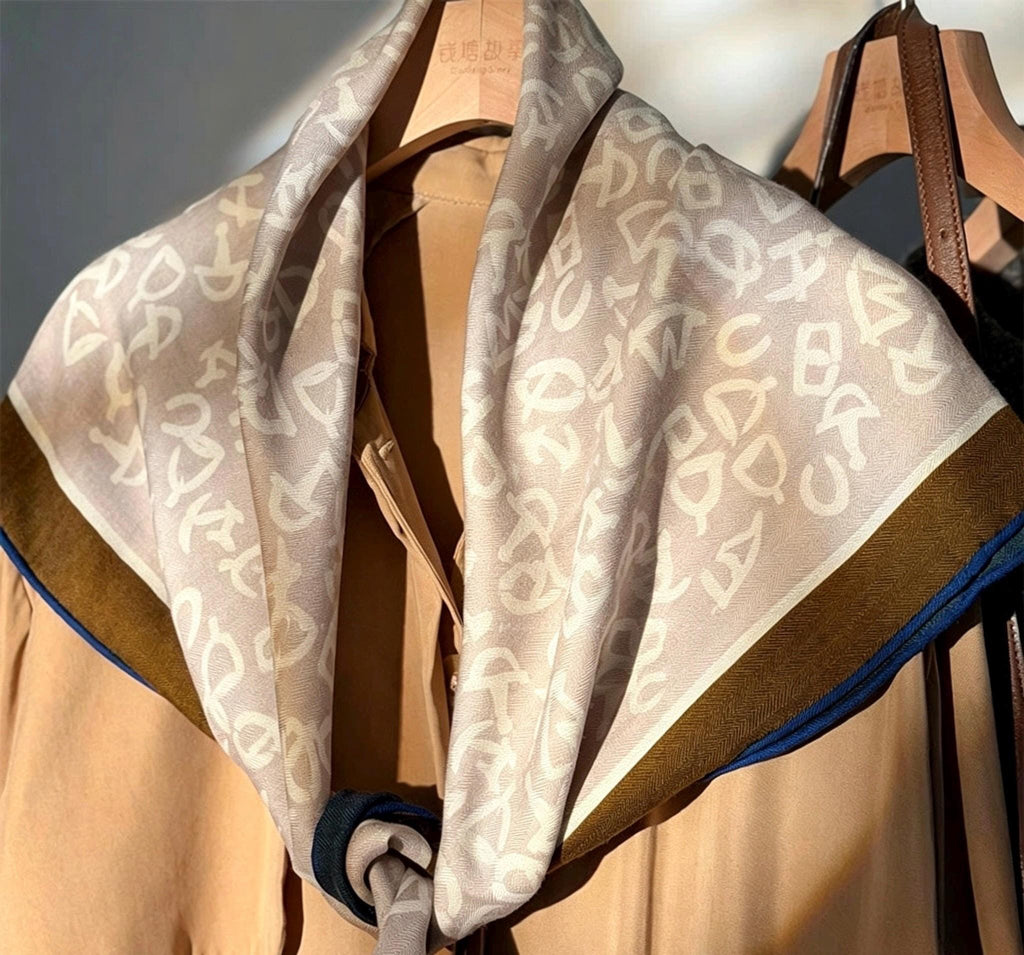 Silk Wool Scarf 35"x35" 88x88cm, Bruges Notes Art Mulberry Silk Square Scarf Minimalist Winter Warm Shawl Gift for Her