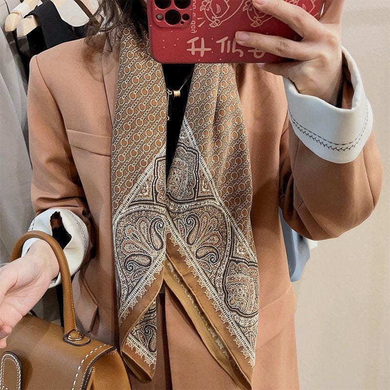 100% Mulberry Silk Scarf 35"x35" 88x88cm, Cappuccino 18mm Silk Twill Sandwashed Square Scarf, Vintage Retro Silk Shawl Wrap, Gift for Her