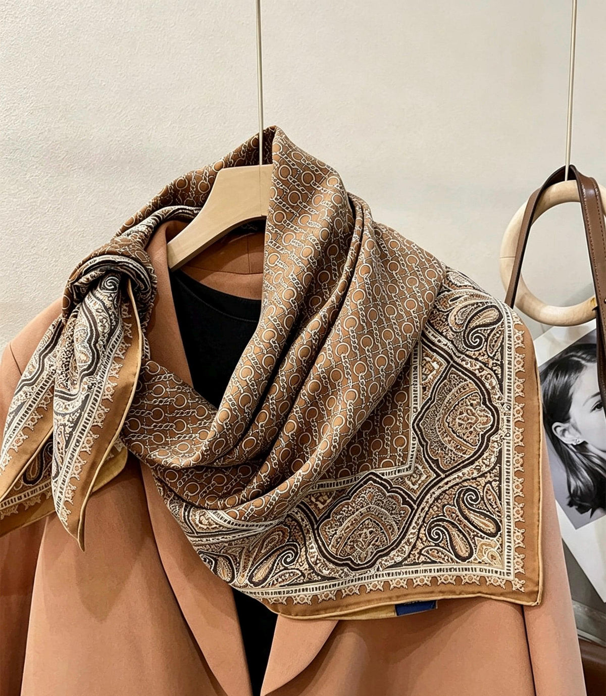 100% Mulberry Silk Scarf 35"x35" 88x88cm, Cappuccino 18mm Silk Twill Sandwashed Square Scarf, Vintage Retro Silk Shawl Wrap, Gift for Her