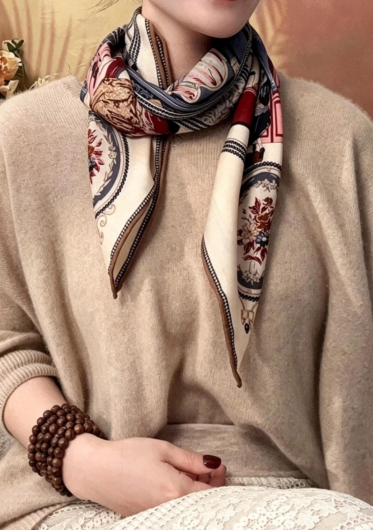Silk Wool Scarf 35"x35" 88x88cm, Double Sided Fashion Chic Square Scarf Shawl, Lightweight Luxury Silk Wool Wrap, Gift for Her