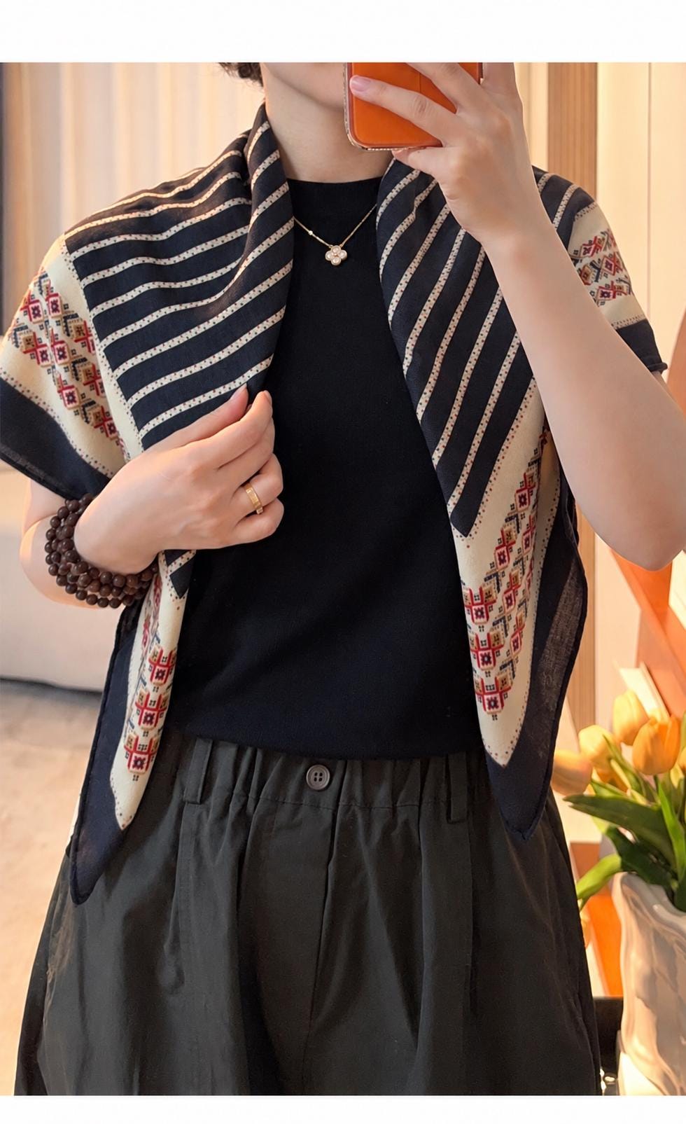 Silk Wool Scarf 35"x35" 88x88cm, Ethnic Boho Double Sided Square Scarf, Vintage Silk Wool Shawl, Women's Fall Winter Wrap Gift