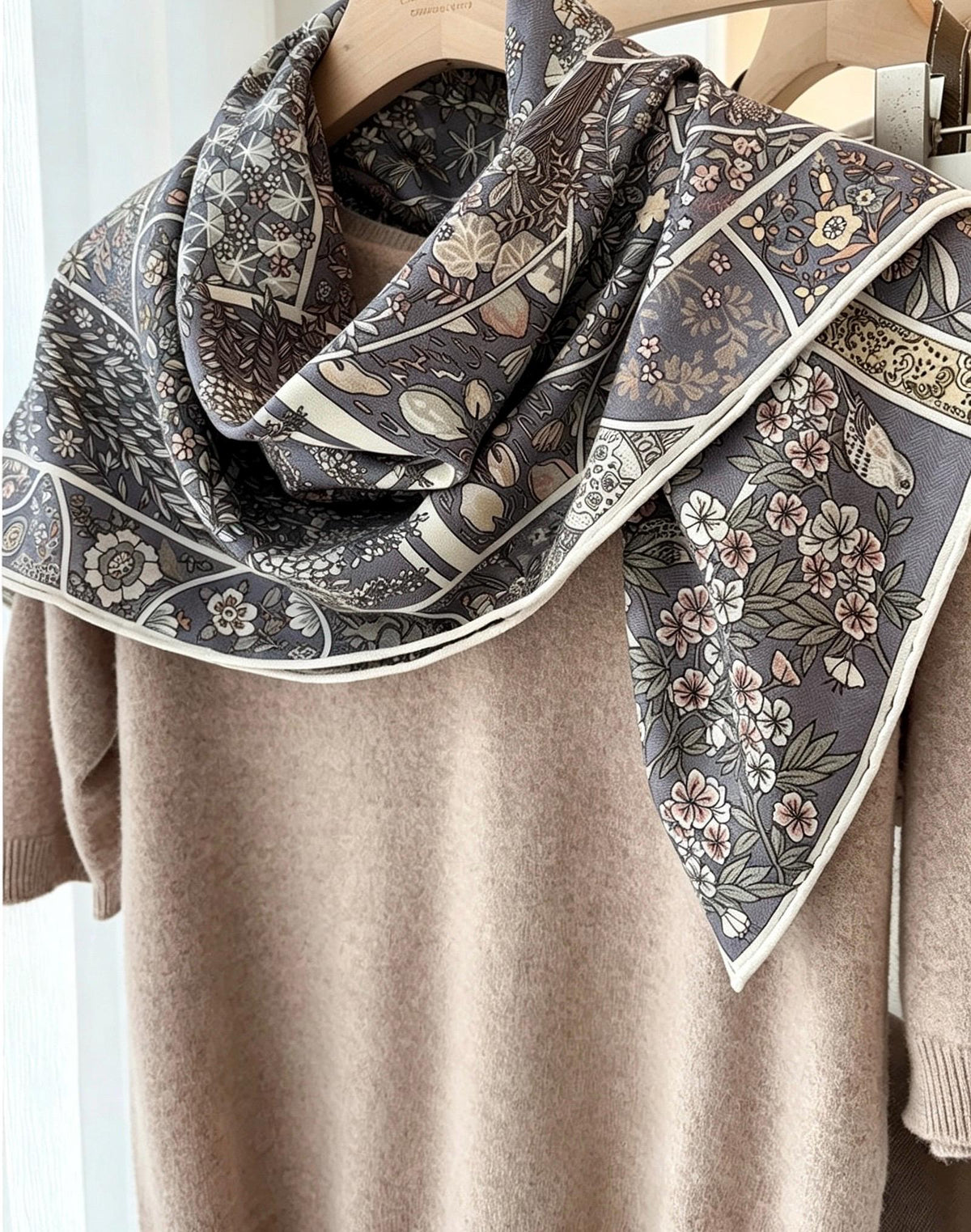 Silk Wool Scarf 35"x35" 88x88cm, Grey Monet Garden Square Scarf Shawl, Elegant Luxury Silk Wool Wrap, Gift for Her