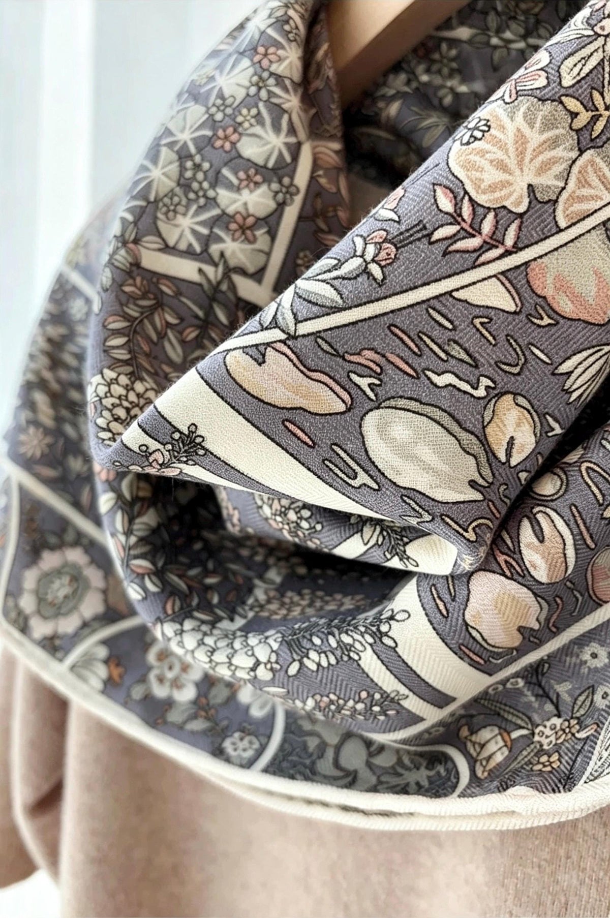 Silk Wool Scarf 35"x35" 88x88cm, Grey Monet Garden Square Scarf Shawl, Elegant Luxury Silk Wool Wrap, Gift for Her