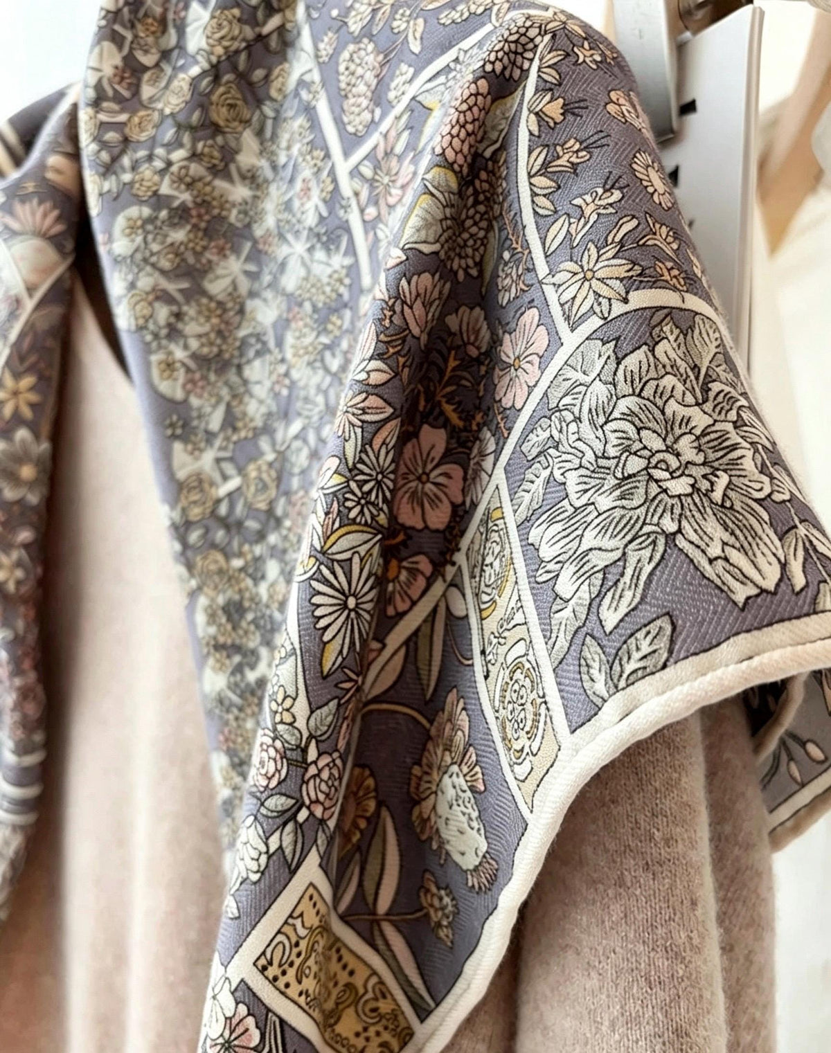 Silk Wool Scarf 35"x35" 88x88cm, Grey Monet Garden Square Scarf Shawl, Elegant Luxury Silk Wool Wrap, Gift for Her