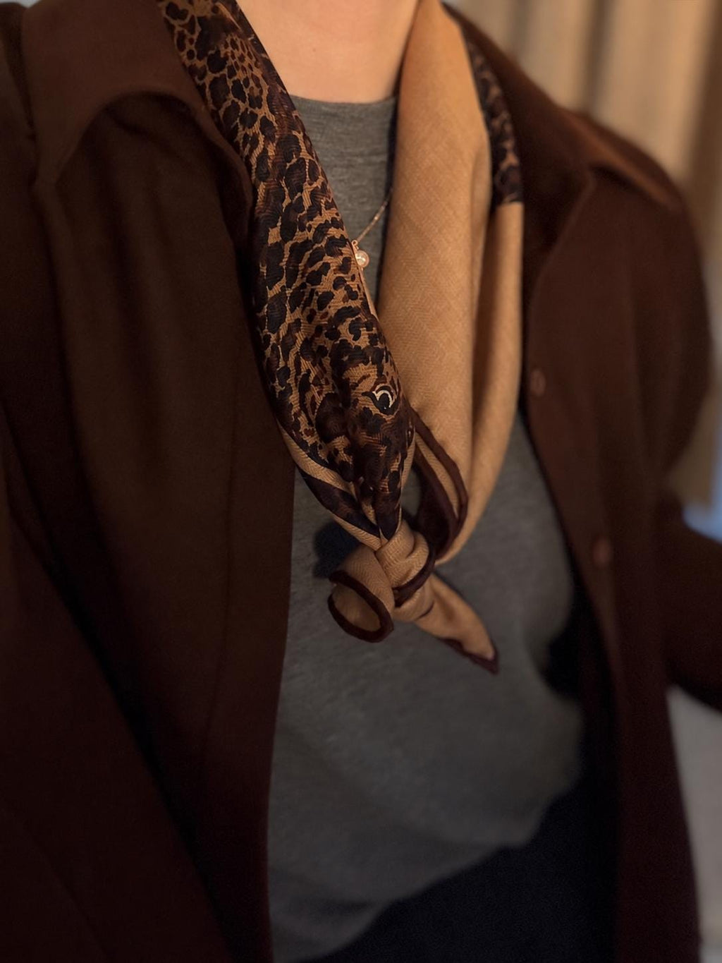 Silk Wool Scarf 35”x35” 88x88cm, Leopard Print Square Scarf, Italian Old Money Style Silk Wool Shawl, Women’s Fall Winter Wrap