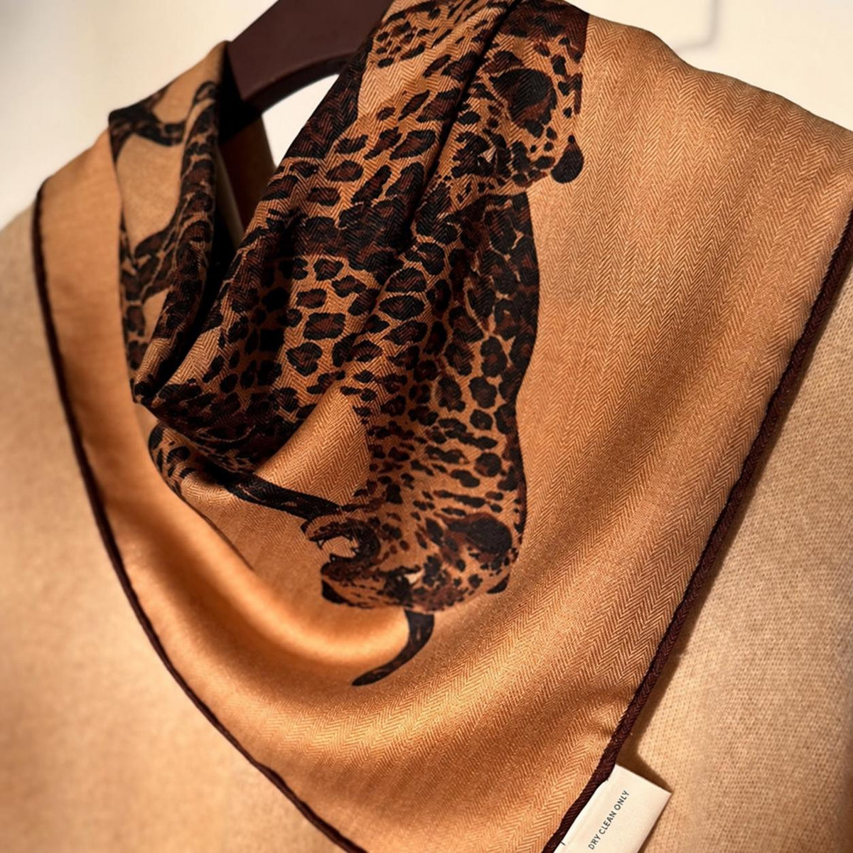 Silk Wool Scarf 35”x35” 88x88cm, Leopard Print Square Scarf, Italian Old Money Style Silk Wool Shawl, Women’s Fall Winter Wrap