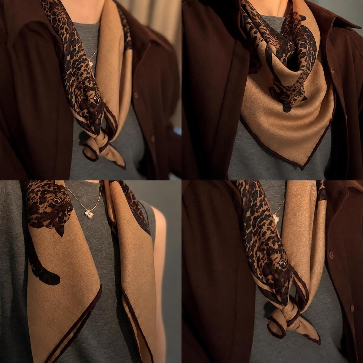 Silk Wool Scarf 35”x35” 88x88cm, Leopard Print Square Scarf, Italian Old Money Style Silk Wool Shawl, Women’s Fall Winter Wrap