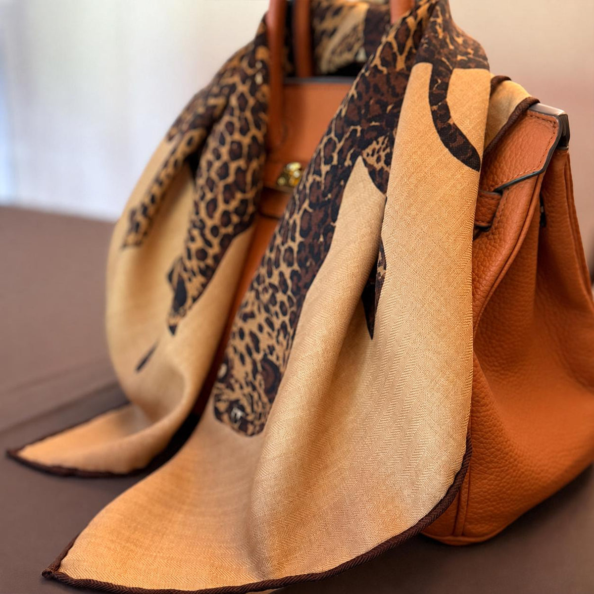 Silk Wool Scarf 35”x35” 88x88cm, Leopard Print Square Scarf, Italian Old Money Style Silk Wool Shawl, Women’s Fall Winter Wrap