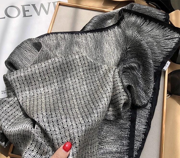 100% Mulberry Silk Scarf 42.5"x42.5" 108x108cm, Black White Square Scarf, Luxury Satin Silk Shawl, Chic Fall Women's Wrap