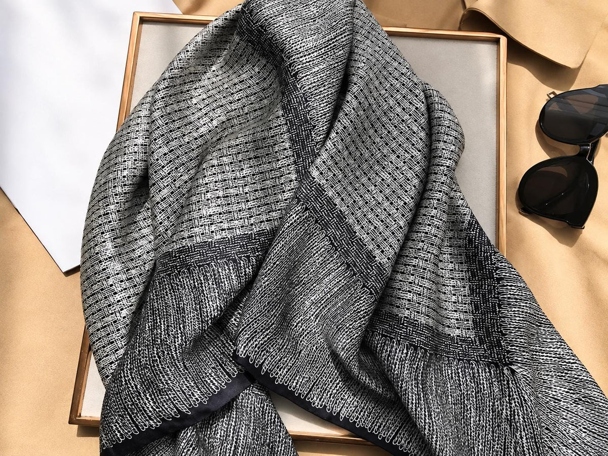 100% Mulberry Silk Scarf 42.5"x42.5" 108x108cm, Black White Square Scarf, Luxury Satin Silk Shawl, Chic Fall Women's Wrap