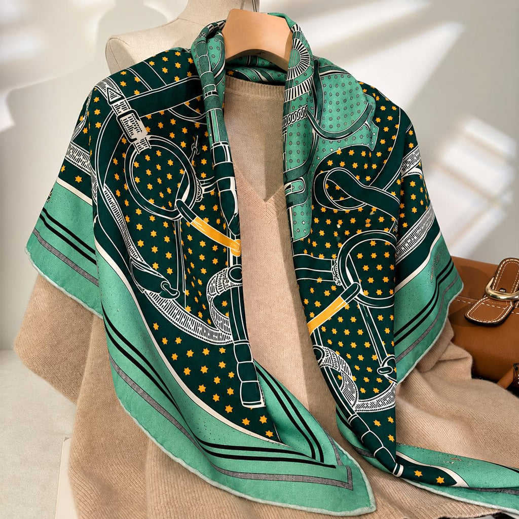 Silk Cashmere Scarf 42"x42" 108x108cm, Green Golden Spur Jacquard Scarf, Double Sided Luxury Winter Shawl, Women's Wrap