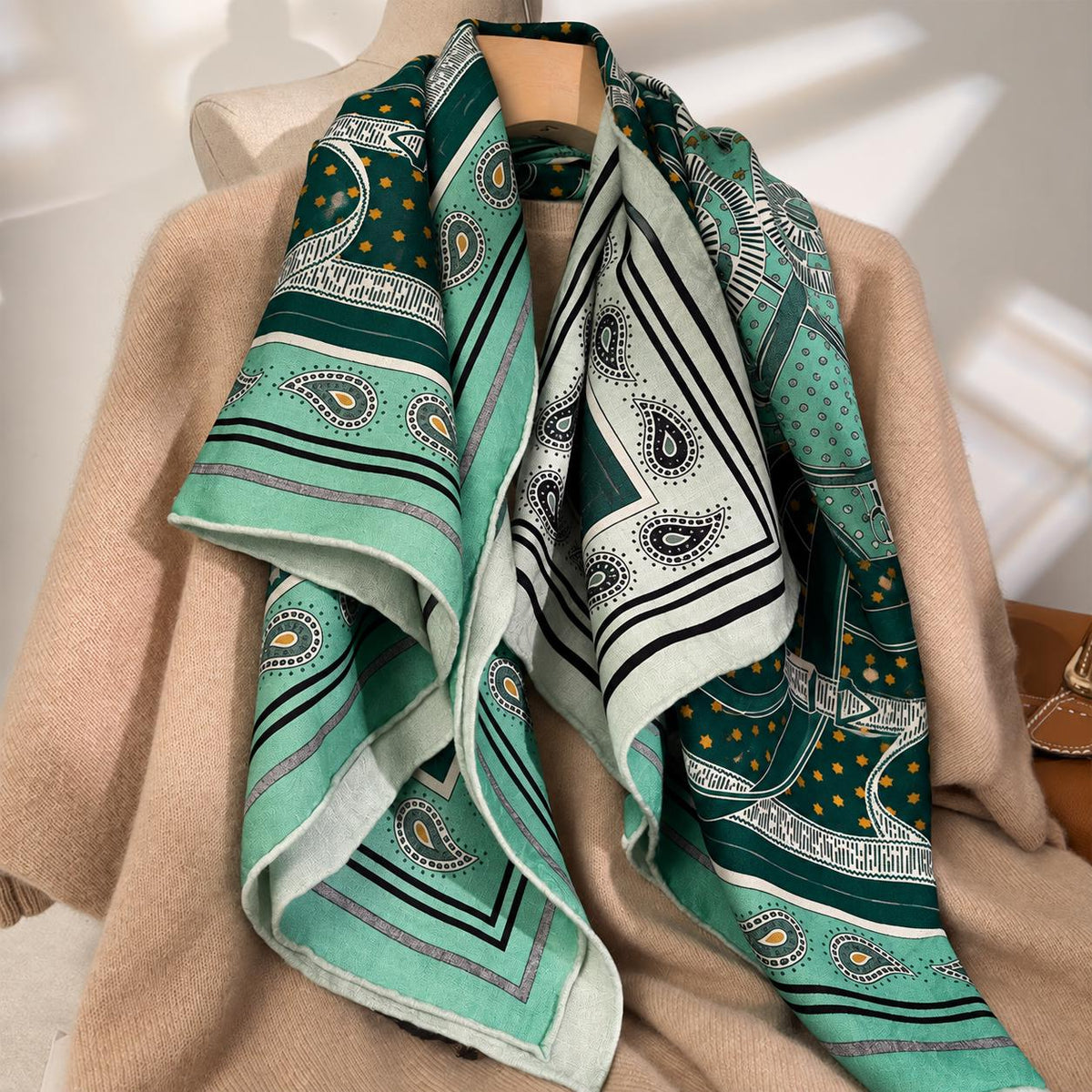 Silk Cashmere Scarf 42"x42" 108x108cm, Green Golden Spur Jacquard Scarf, Double Sided Luxury Winter Shawl, Women's Wrap