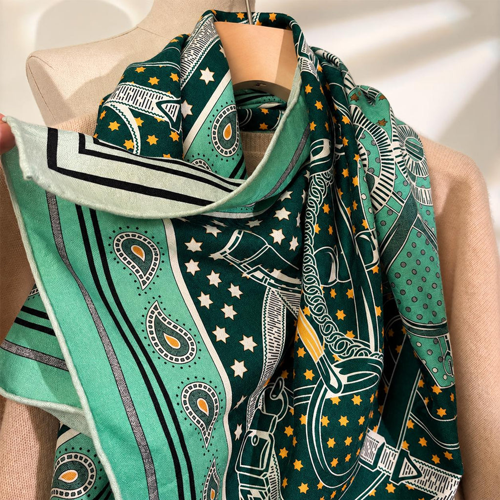 Silk Cashmere Scarf 42"x42" 108x108cm, Green Golden Spur Jacquard Scarf, Double Sided Luxury Winter Shawl, Women's Wrap