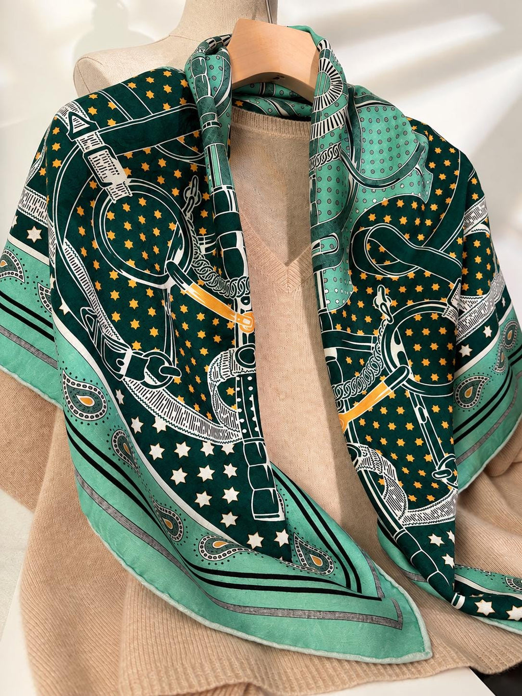 Silk Cashmere Scarf 42"x42" 108x108cm, Green Golden Spur Jacquard Scarf, Double Sided Luxury Winter Shawl, Women's Wrap