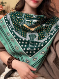 Silk Cashmere Scarf 42"x42" 108x108cm, Green Golden Spur Jacquard Scarf, Double Sided Luxury Winter Shawl, Women's Wrap