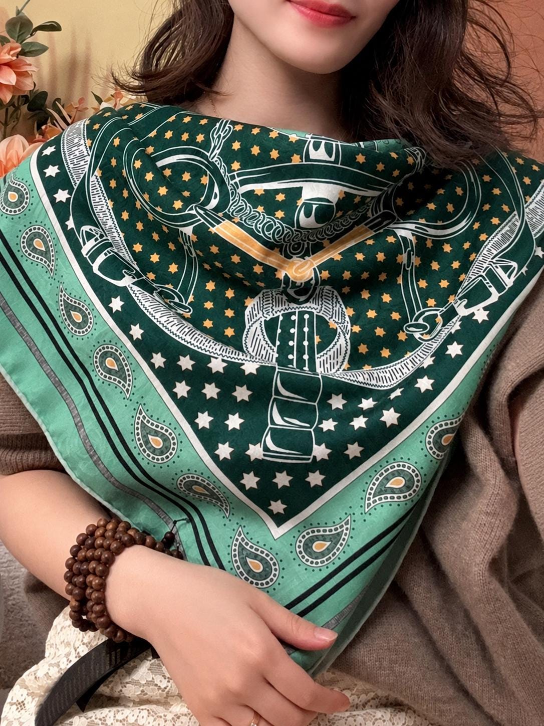 Silk Cashmere Scarf 42"x42" 108x108cm, Green Golden Spur Jacquard Scarf, Double Sided Luxury Winter Shawl, Women's Wrap