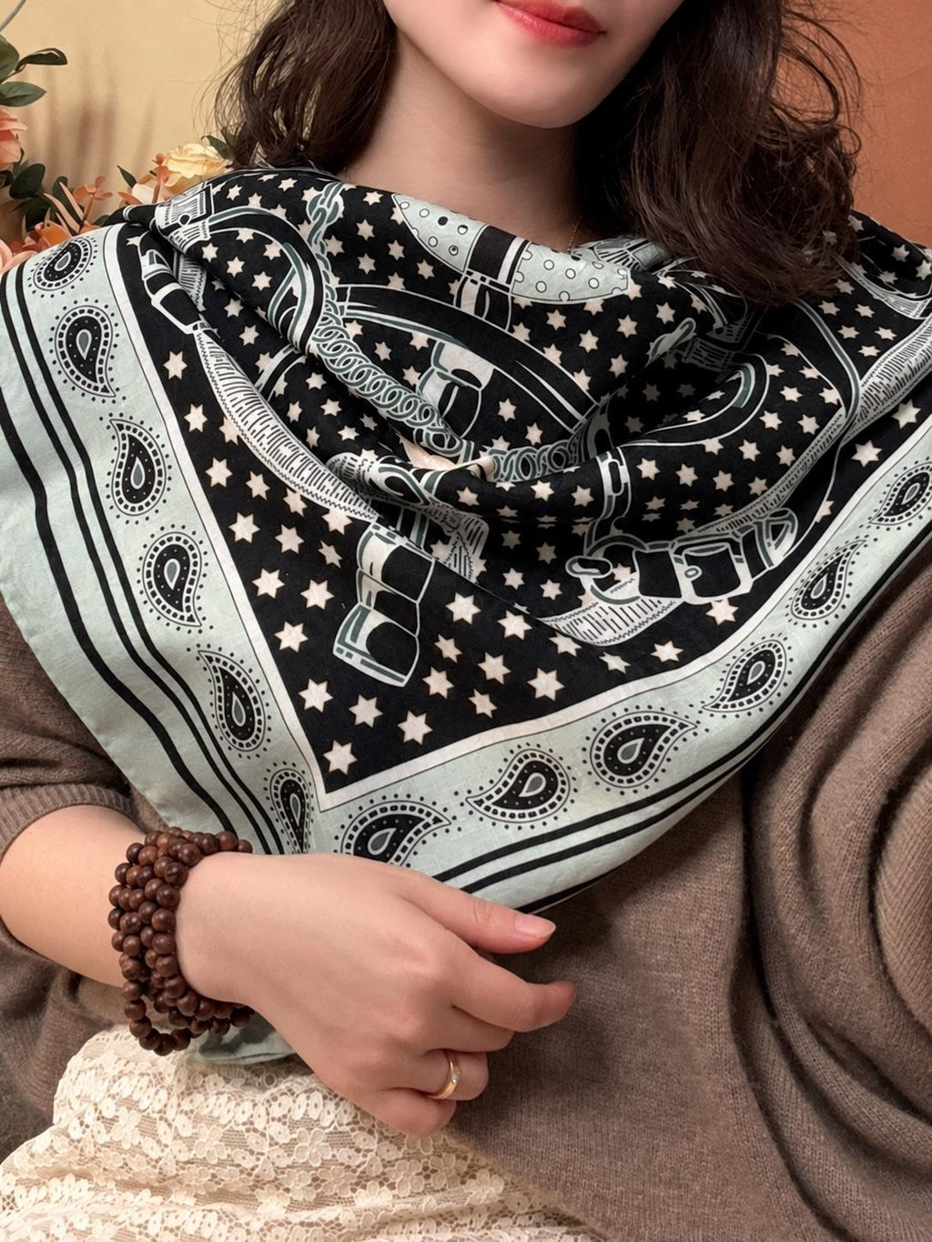 Silk Cashmere Scarf 42"x42" 108x108cm, Green Golden Spur Jacquard Scarf, Double Sided Luxury Winter Shawl, Women's Wrap