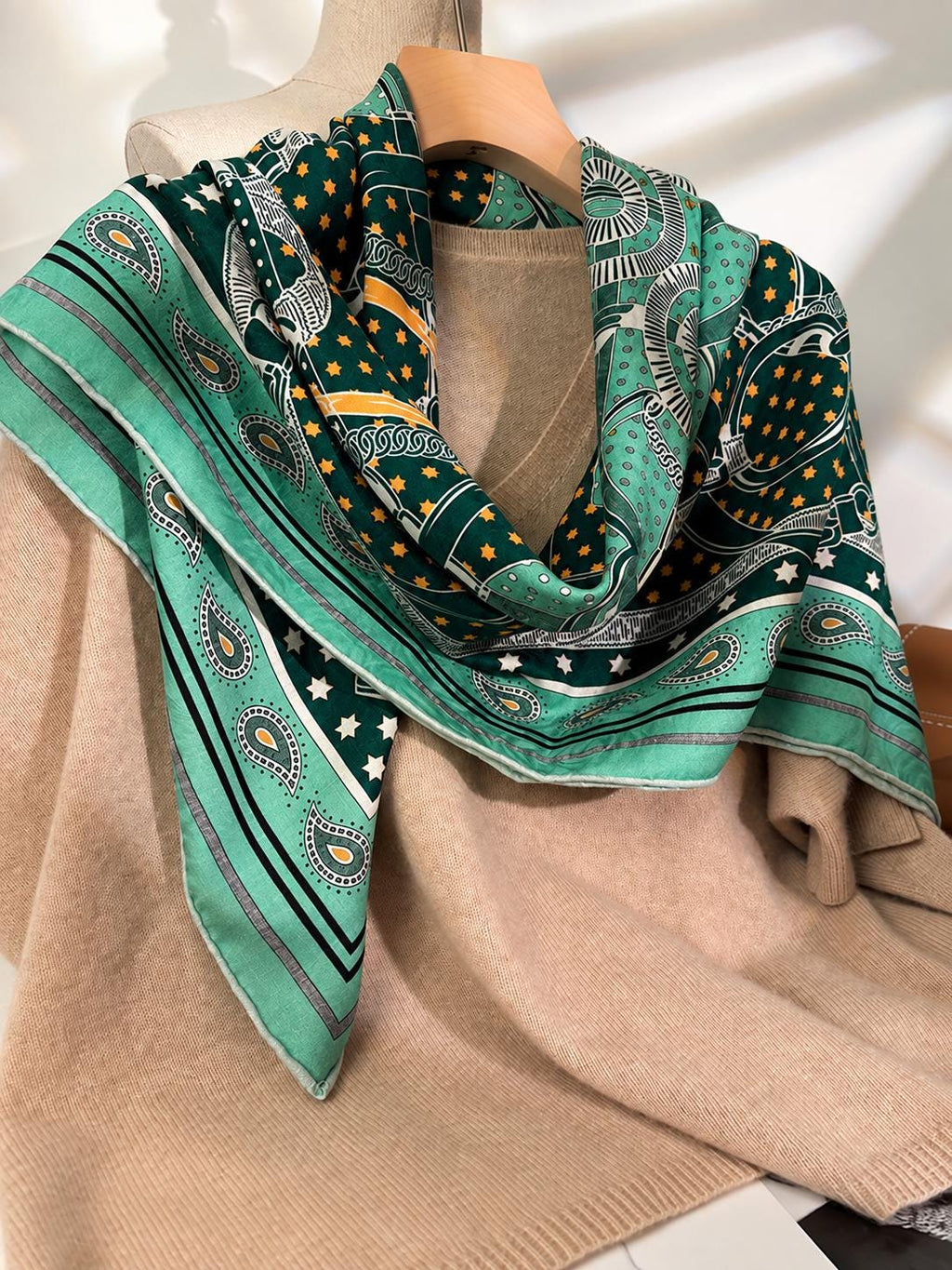 Silk Cashmere Scarf 42"x42" 108x108cm, Green Golden Spur Jacquard Scarf, Double Sided Luxury Winter Shawl, Women's Wrap