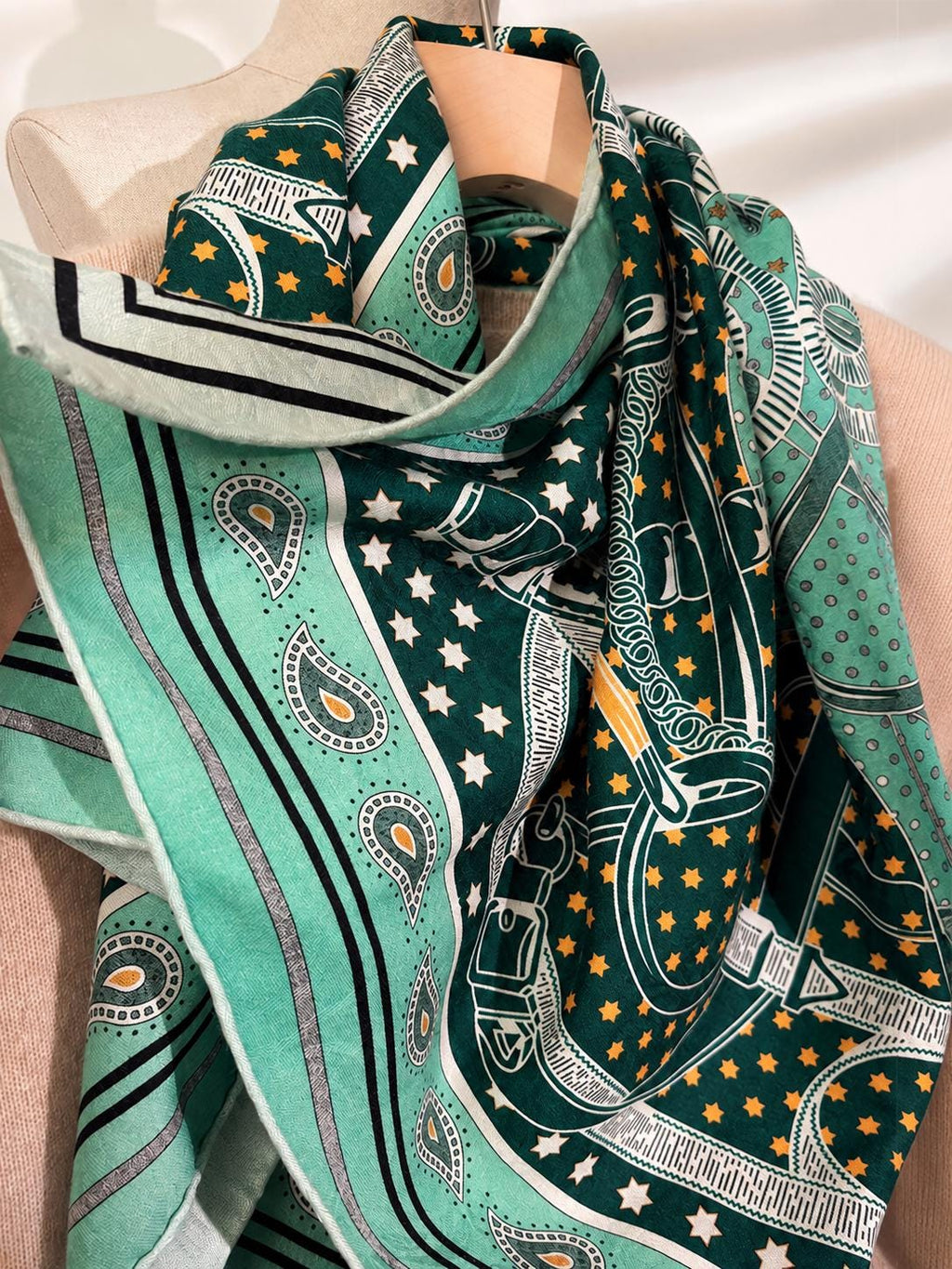 Silk Cashmere Scarf 42"x42" 108x108cm, Green Golden Spur Jacquard Scarf, Double Sided Luxury Winter Shawl, Women's Wrap