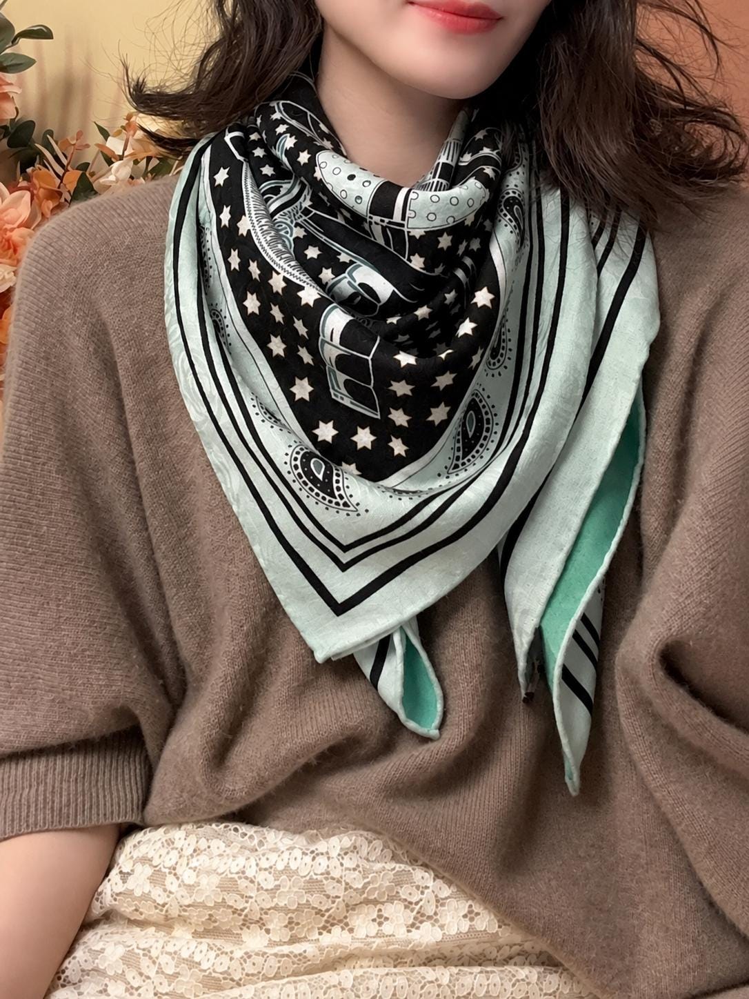 Silk Cashmere Scarf 42"x42" 108x108cm, Green Golden Spur Jacquard Scarf, Double Sided Luxury Winter Shawl, Women's Wrap