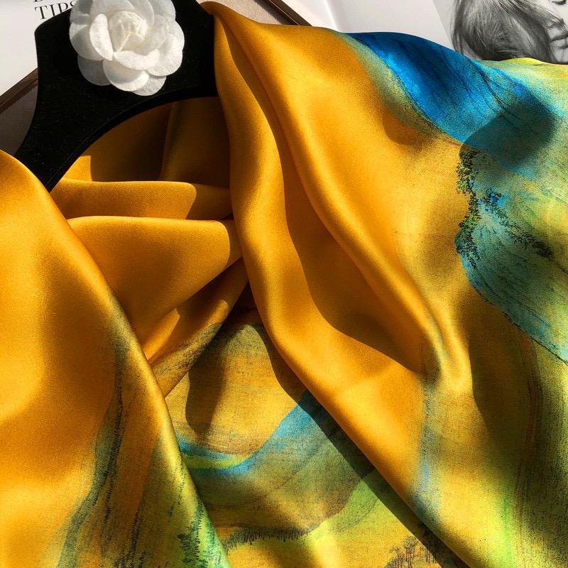 100% Mulberry Silk Scarf 43"x43" 110x110cm, Chinese Landscape Square Scarf, Elegant Oriental Art Silk Shawl, Women's Spring Fall Wrap