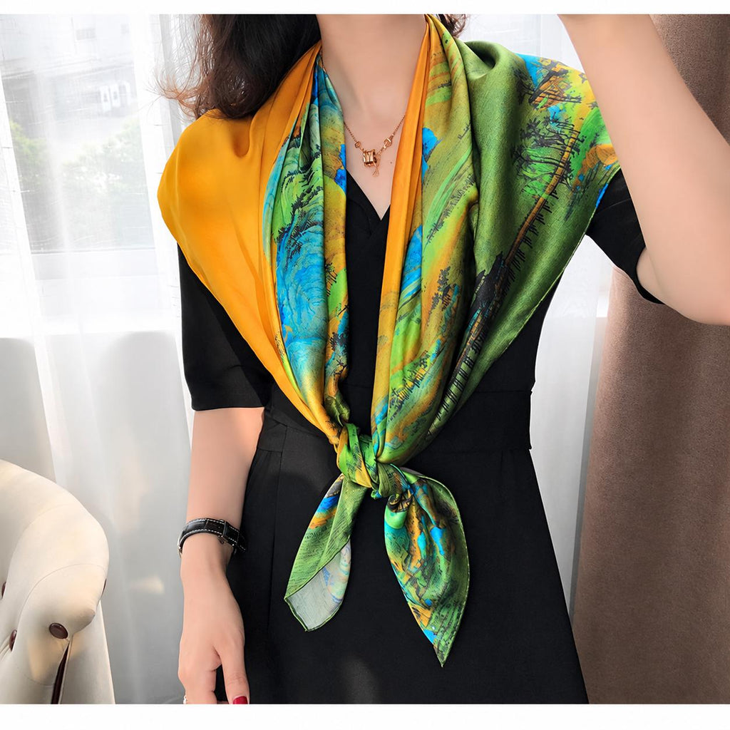 100% Mulberry Silk Scarf 43"x43" 110x110cm, Chinese Landscape Square Scarf, Elegant Oriental Art Silk Shawl, Women's Spring Fall Wrap