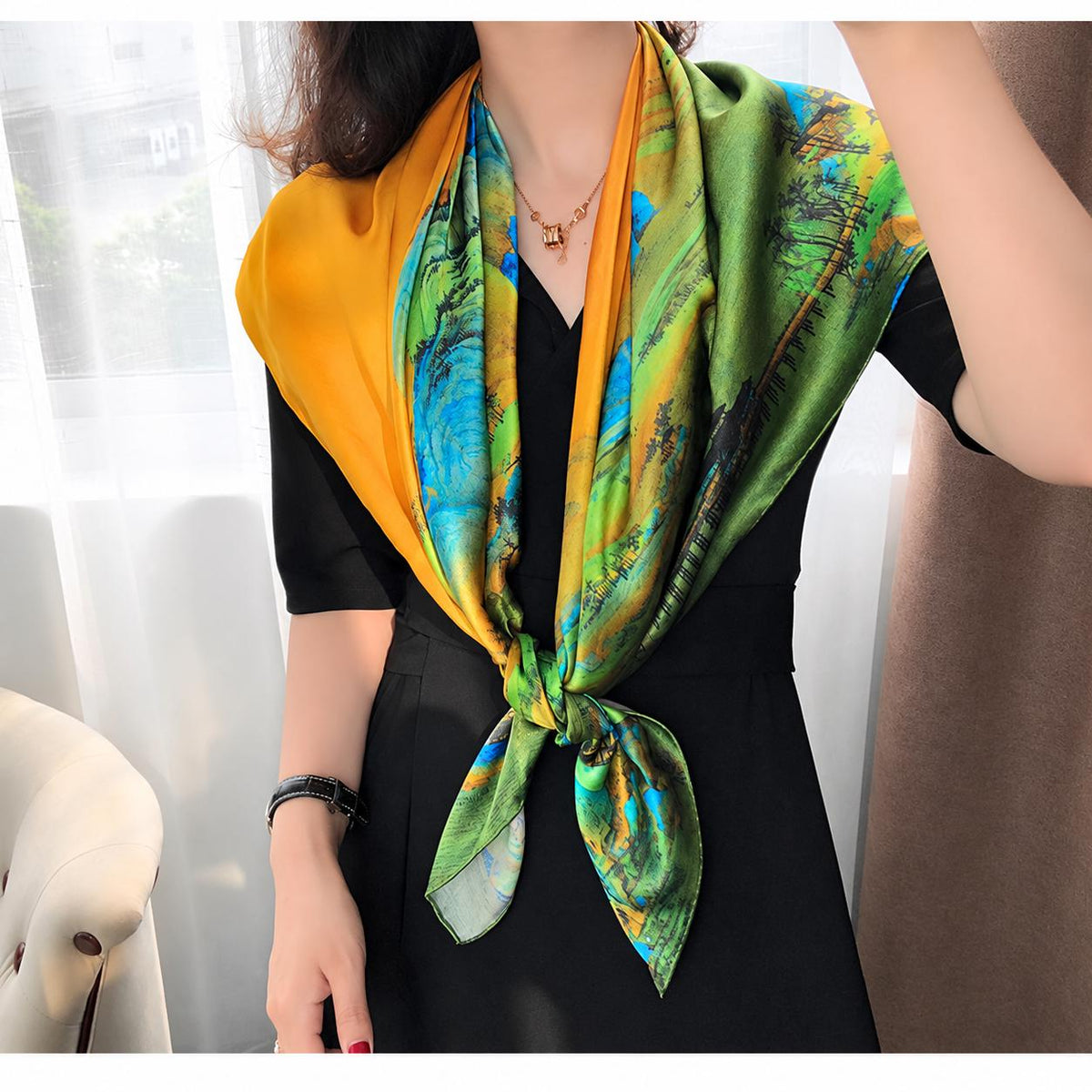 100% Mulberry Silk Scarf 43"x43" 110x110cm, Chinese Landscape Square Scarf, Elegant Oriental Art Silk Shawl, Women's Spring Fall Wrap