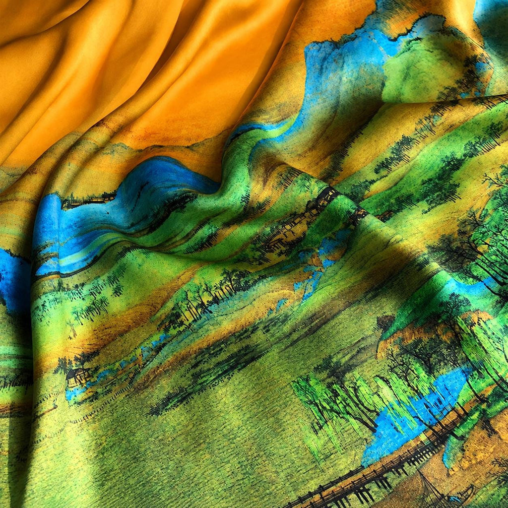 100% Mulberry Silk Scarf 43"x43" 110x110cm, Chinese Landscape Square Scarf, Elegant Oriental Art Silk Shawl, Women's Spring Fall Wrap