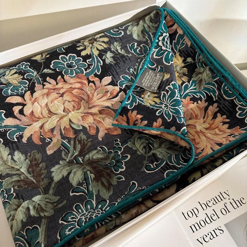 Silk Wool Scarf 53"x53" 135x135cm, Italian Medieval Art Square Scarf, Vintage Luxury Silk Wool Shawl, Women's Fall Winter Wrap