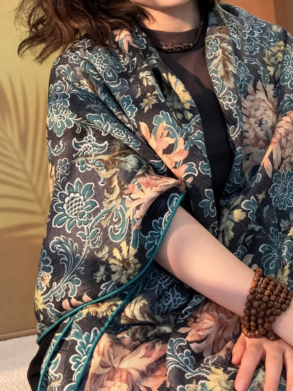 Silk Wool Scarf 53"x53" 135x135cm, Italian Medieval Art Square Scarf, Vintage Luxury Silk Wool Shawl, Women's Fall Winter Wrap