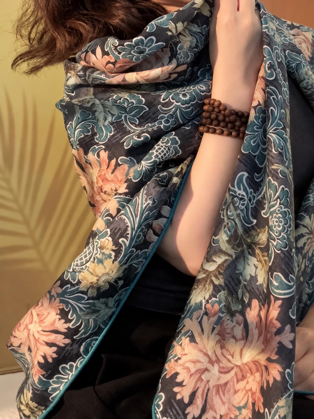 Silk Wool Scarf 53"x53" 135x135cm, Italian Medieval Art Square Scarf, Vintage Luxury Silk Wool Shawl, Women's Fall Winter Wrap