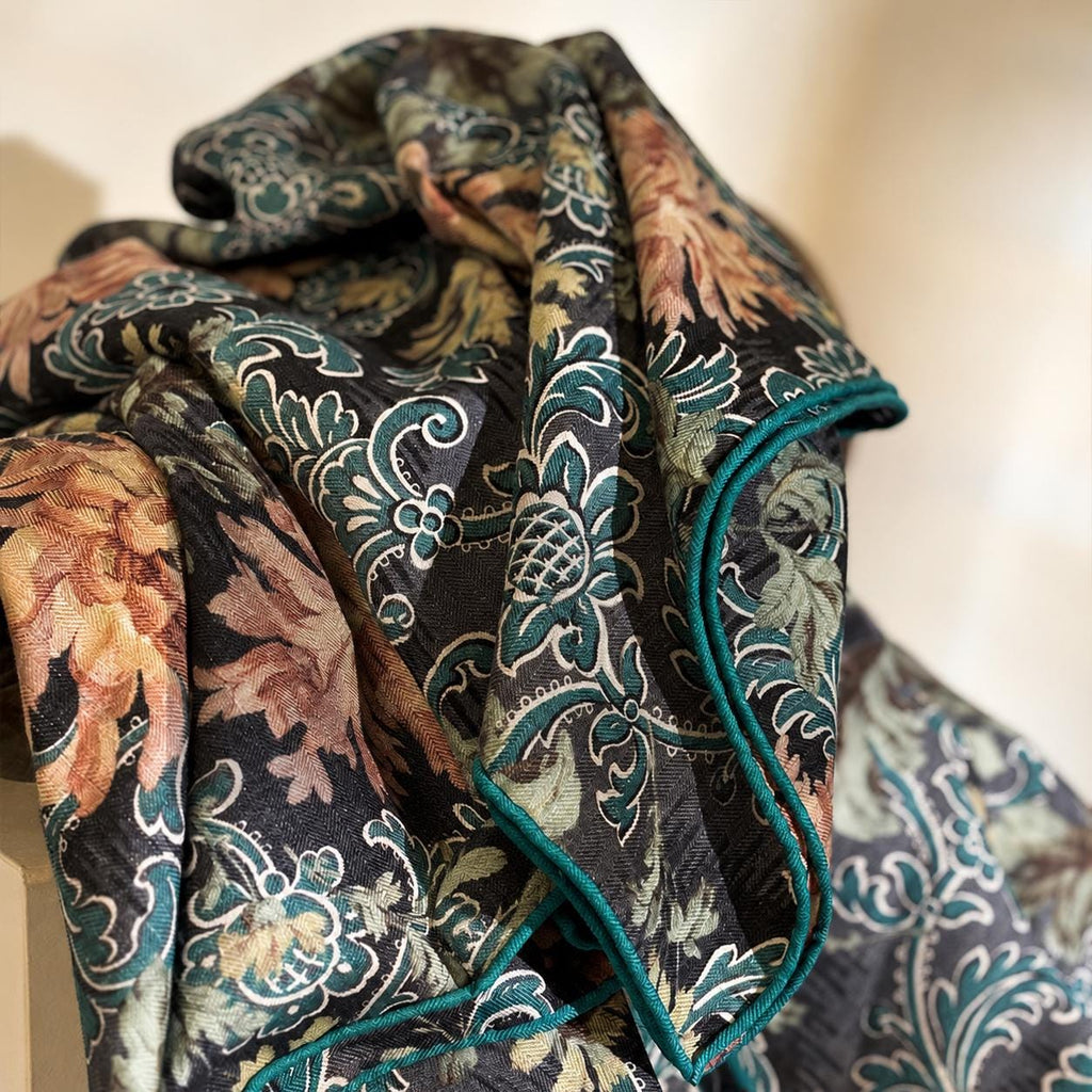 Silk Wool Scarf 53"x53" 135x135cm, Italian Medieval Art Square Scarf, Vintage Luxury Silk Wool Shawl, Women's Fall Winter Wrap