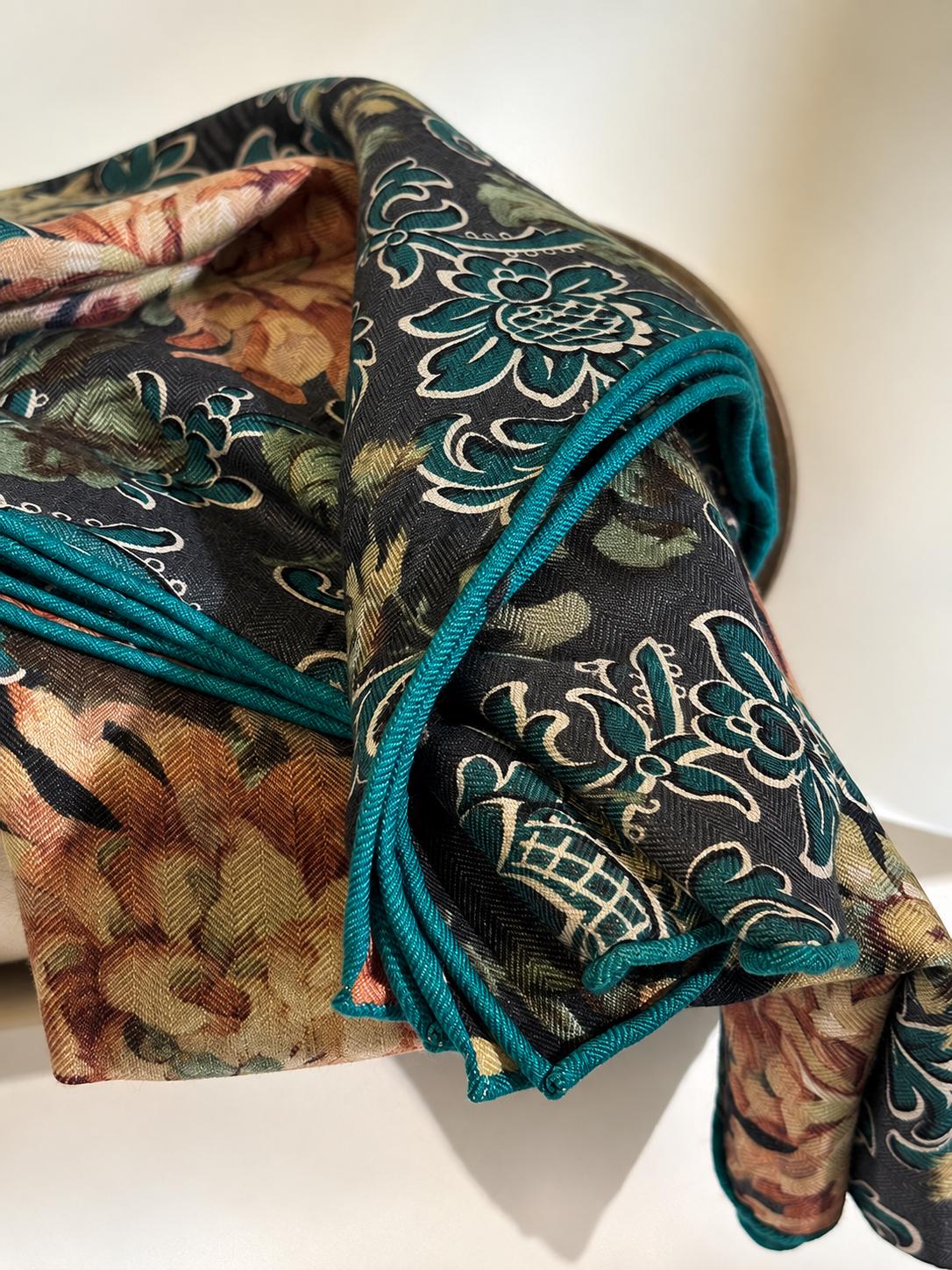 Silk Wool Scarf 53"x53" 135x135cm, Italian Medieval Art Square Scarf, Vintage Luxury Silk Wool Shawl, Women's Fall Winter Wrap