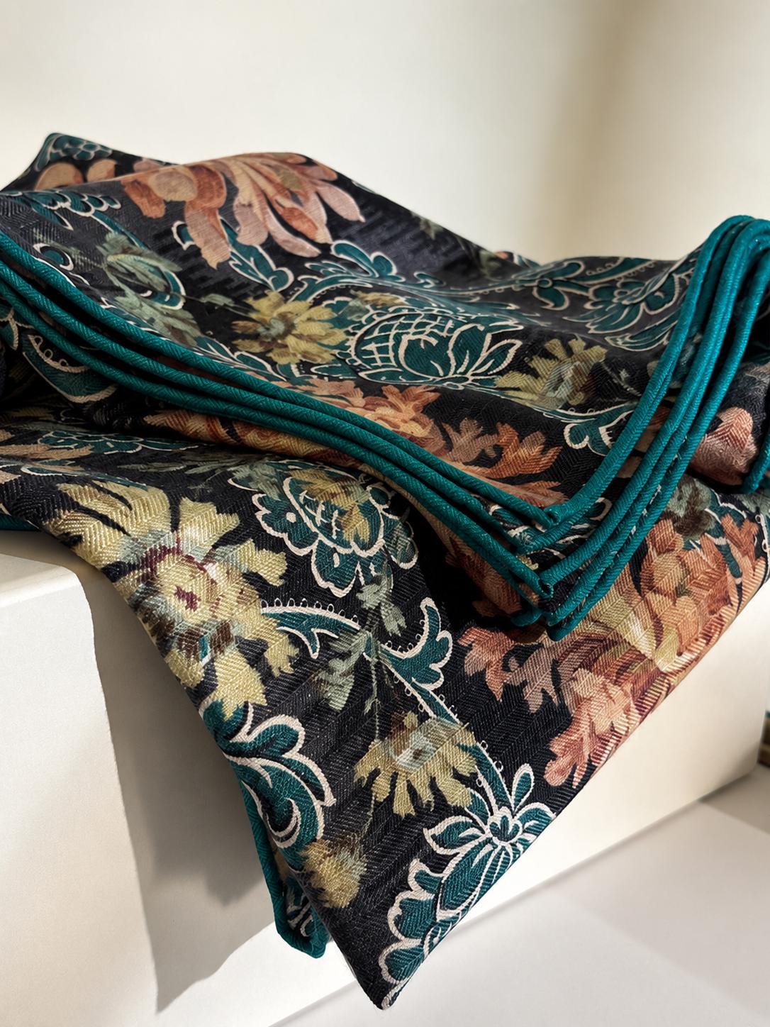 Silk Wool Scarf 53"x53" 135x135cm, Italian Medieval Art Square Scarf, Vintage Luxury Silk Wool Shawl, Women's Fall Winter Wrap