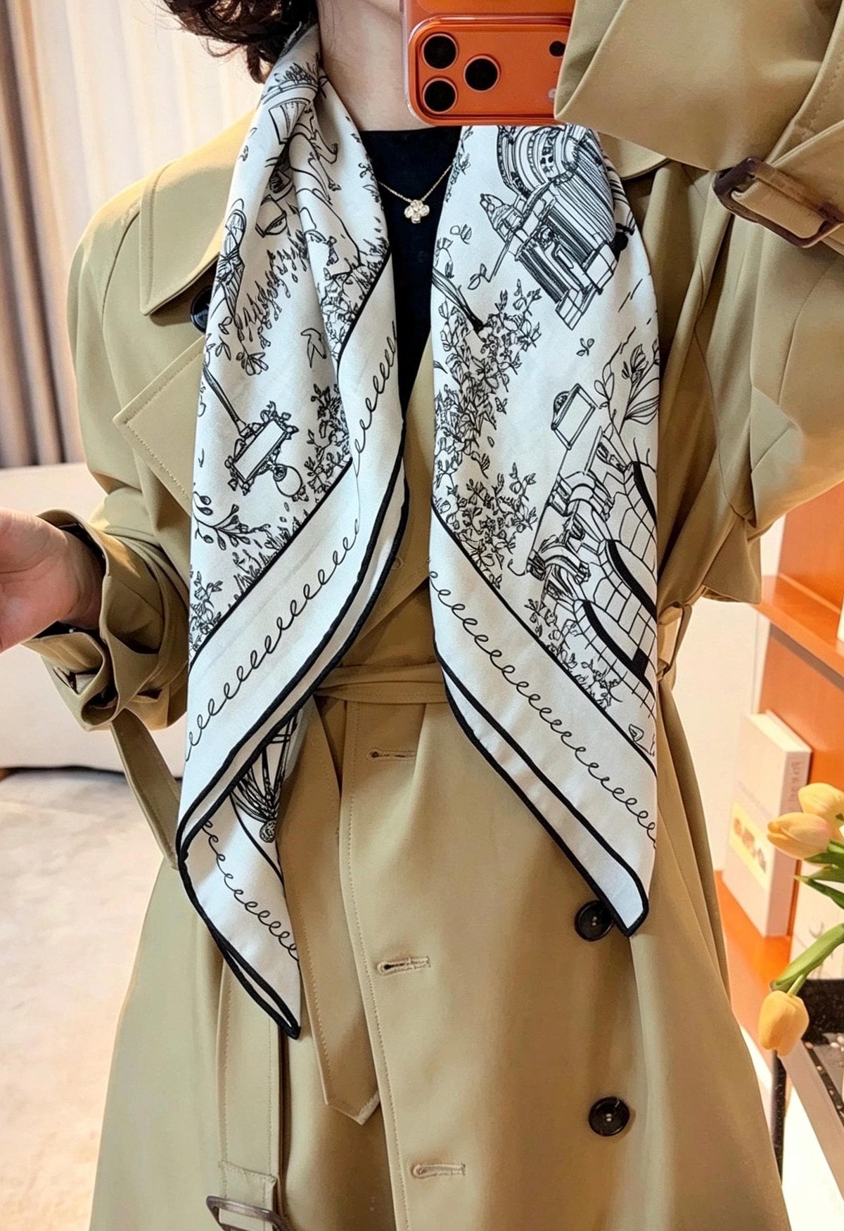Silk Wool Scarf 35"x35" 88x88cm, French Sketch Art Mulberry Silk Square Scarf Minimalist Winter Warm Shawl Gift for Her