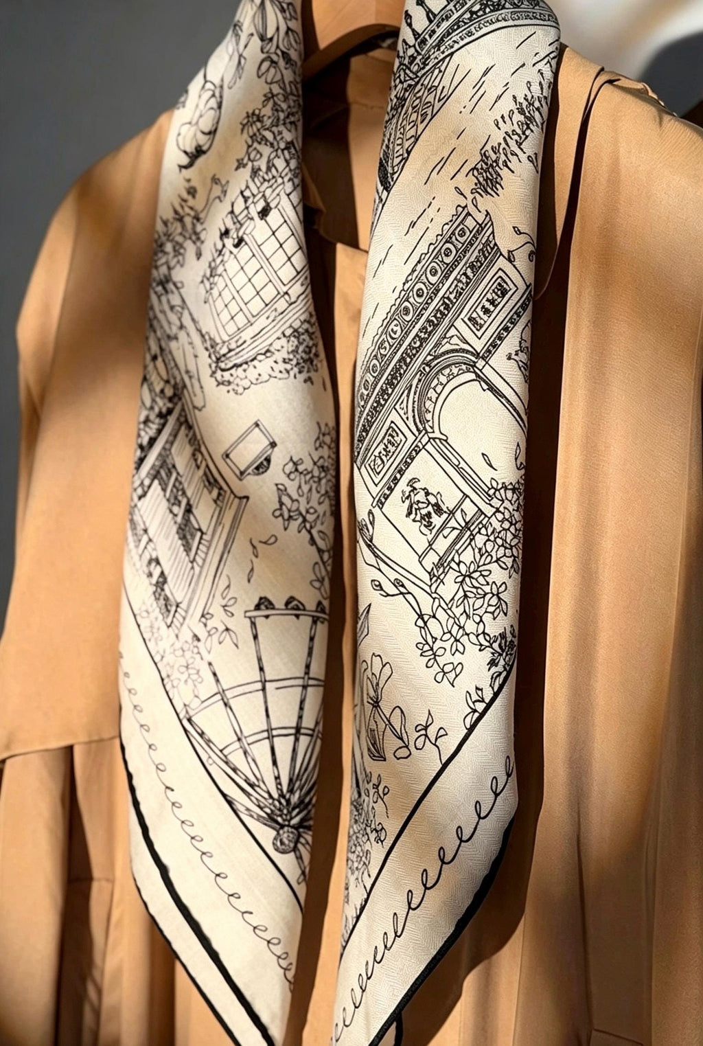 Silk Wool Scarf 35"x35" 88x88cm, French Sketch Art Mulberry Silk Square Scarf Minimalist Winter Warm Shawl Gift for Her