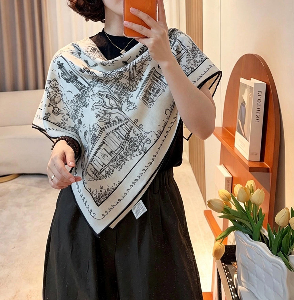 Silk Wool Scarf 35"x35" 88x88cm, French Sketch Art Mulberry Silk Square Scarf Minimalist Winter Warm Shawl Gift for Her
