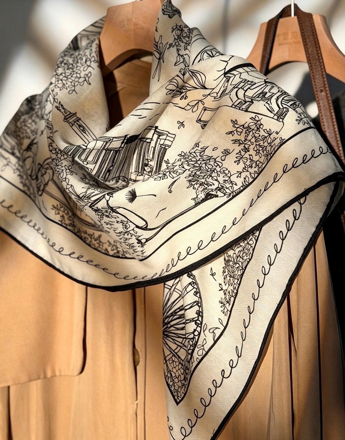 Silk Wool Scarf 35"x35" 88x88cm, French Sketch Art Mulberry Silk Square Scarf Minimalist Winter Warm Shawl Gift for Her