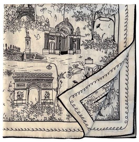 Silk Wool Scarf 35"x35" 88x88cm, French Sketch Art Mulberry Silk Square Scarf Minimalist Winter Warm Shawl Gift for Her