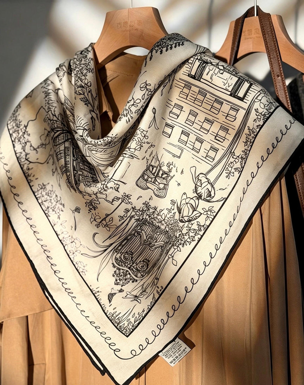 Silk Wool Scarf 35"x35" 88x88cm, French Sketch Art Mulberry Silk Square Scarf Minimalist Winter Warm Shawl Gift for Her