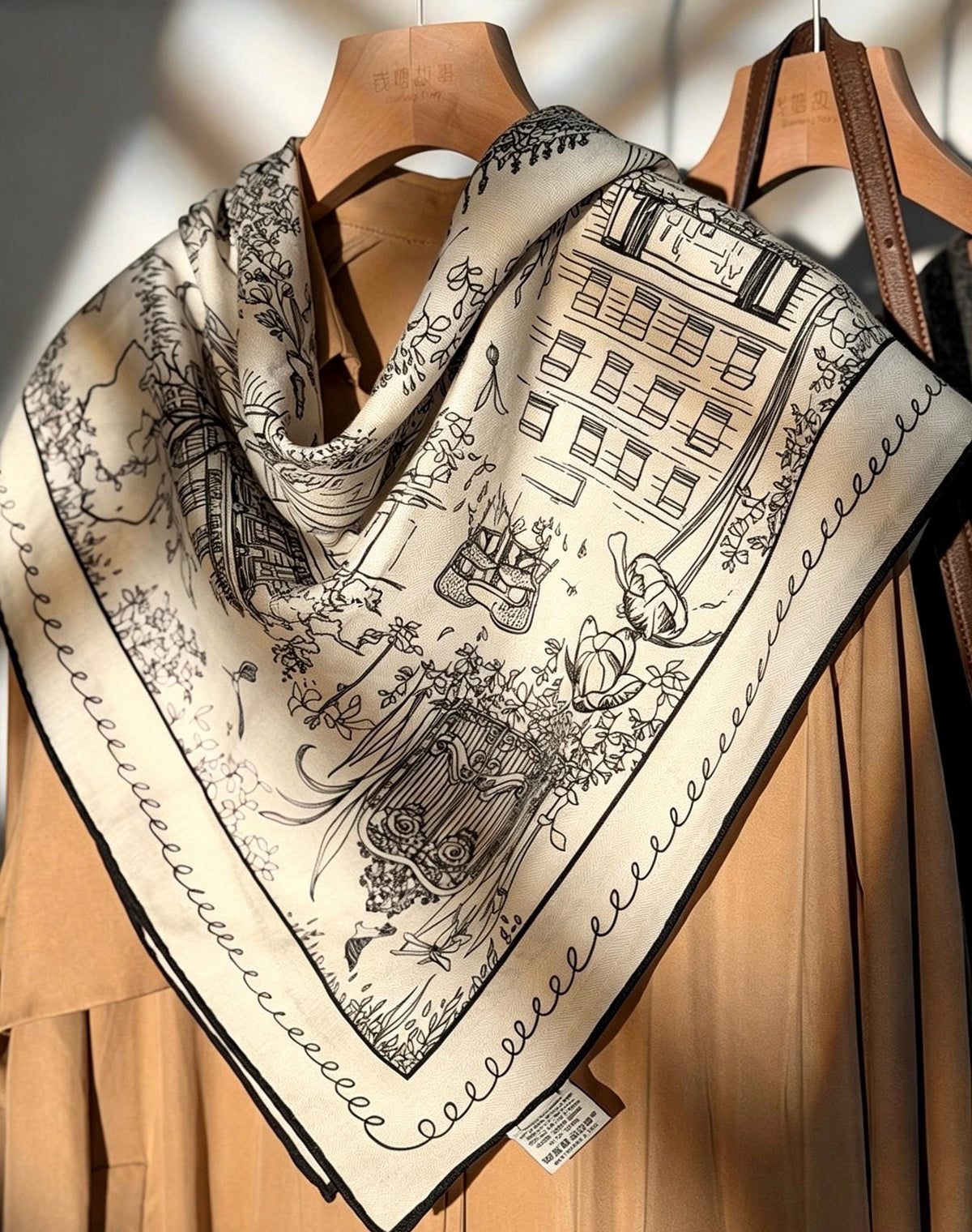 Silk Wool Scarf 35"x35" 88x88cm, French Sketch Art Mulberry Silk Square Scarf Minimalist Winter Warm Shawl Gift for Her