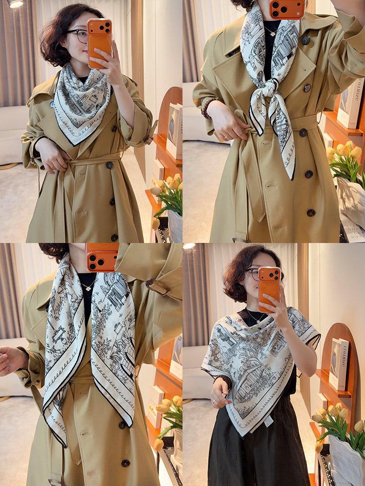 Silk Wool Scarf 35"x35" 88x88cm, French Sketch Art Mulberry Silk Square Scarf Minimalist Winter Warm Shawl Gift for Her