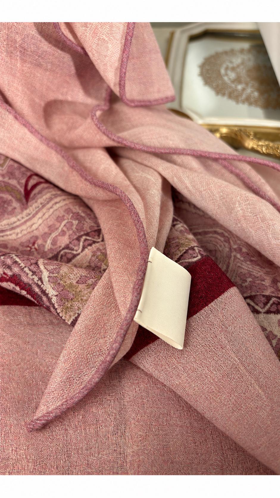 Wool Scarf 53"x53" 135x135cm, Pink Purple Jacquard Square Scarf, Luxury Floral Print Winter Shawl, Elegant Women's Neck Wrap