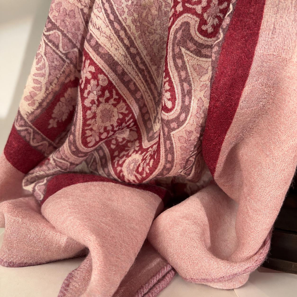 Wool Scarf 53"x53" 135x135cm, Pink Purple Jacquard Square Scarf, Luxury Floral Print Winter Shawl, Elegant Women's Neck Wrap