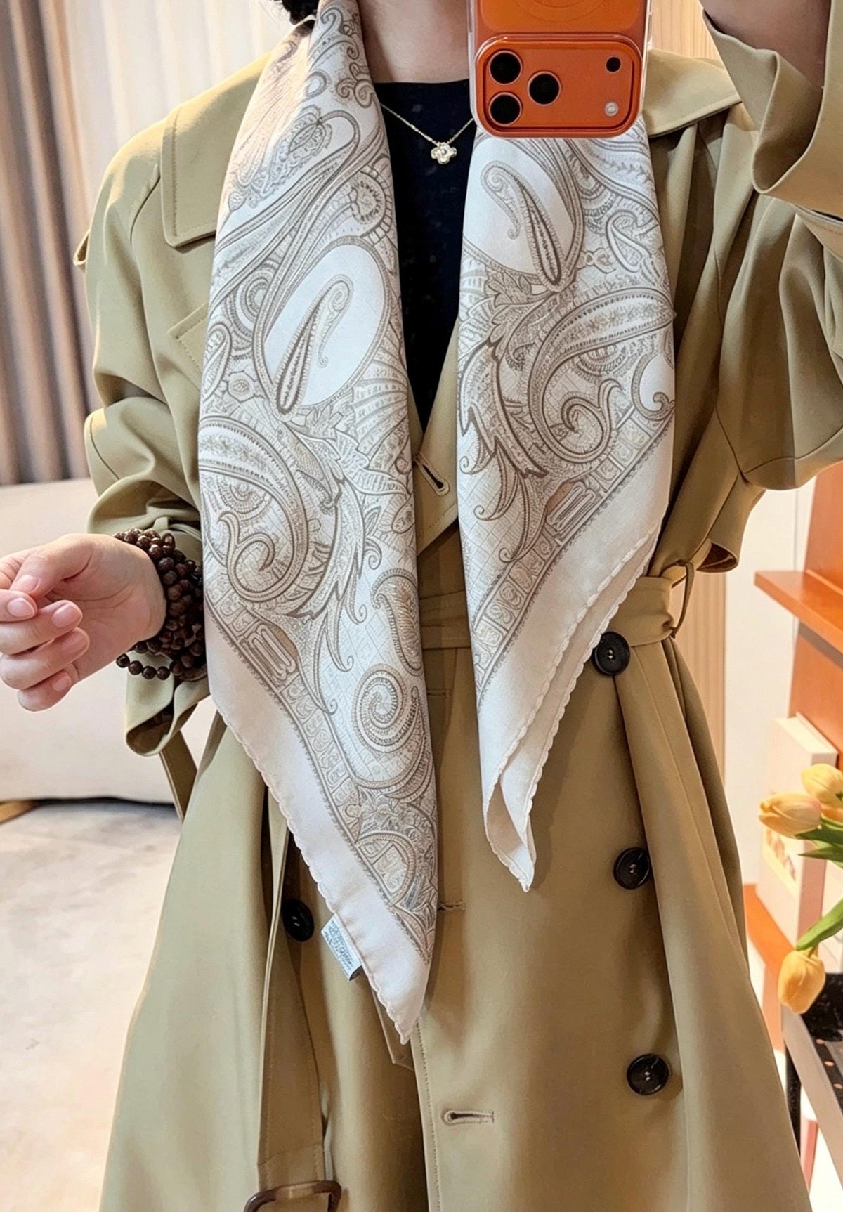 Silk Wool Scarf 35"x35" 88x88cm, Cream Beige Paisley Mulberry Silk Square Scarf French Retro Warm Shawl Gift for Her