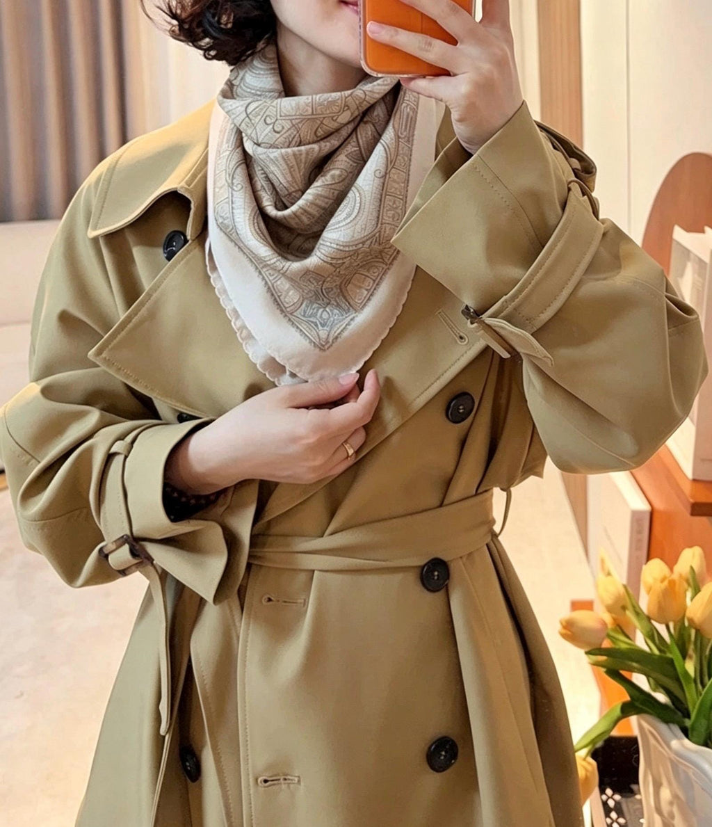 Silk Wool Scarf 35"x35" 88x88cm, Cream Beige Paisley Mulberry Silk Square Scarf French Retro Warm Shawl Gift for Her