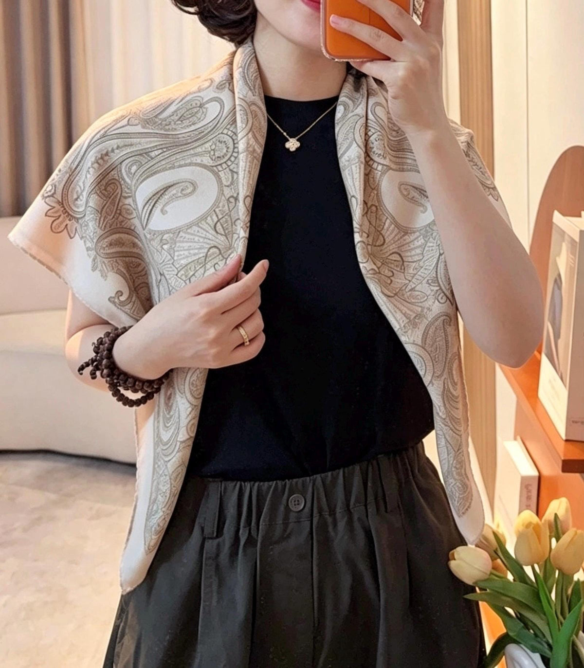 Silk Wool Scarf 35"x35" 88x88cm, Cream Beige Paisley Mulberry Silk Square Scarf French Retro Warm Shawl Gift for Her