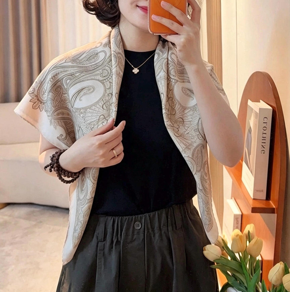 Silk Wool Scarf 35"x35" 88x88cm, Cream Beige Paisley Mulberry Silk Square Scarf French Retro Warm Shawl Gift for Her